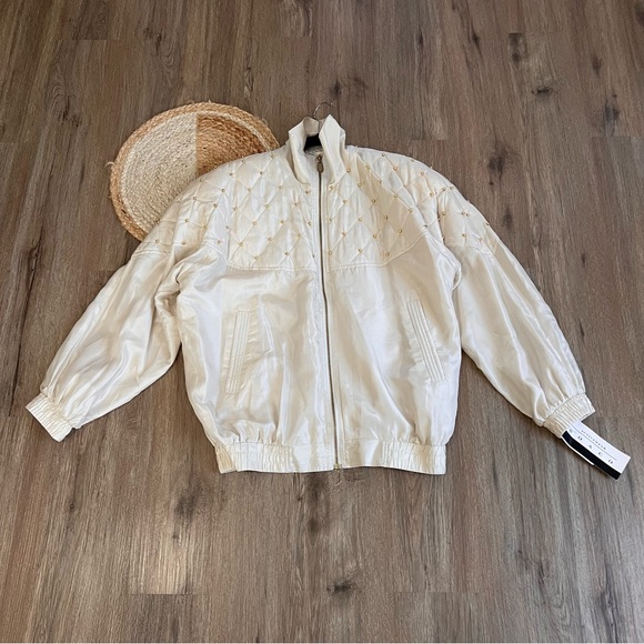 Coaco Jackets & Blazers - COACO Vtg 100% Silk Gold Pearl Embellished Bomber Jacket NWT